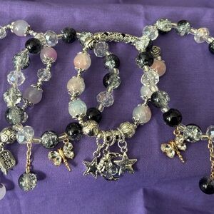 Mothers Day Glass Beaded Bracelets Black W Firefly & Moons and Stars 4 Pc Set